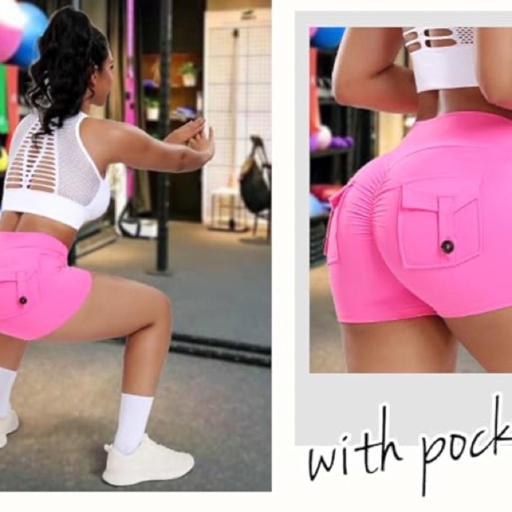 RIOJOY Workout Athletic Yoga Shorts with Pockets High Waisted Light Pink Size M